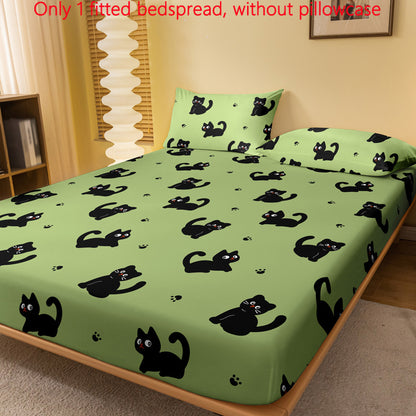 Cute Cartoon Black Cat Print Fitted Sheet - Soft Brushed Polyester, Deep Pocket Design for Bedroom & Guest Room Decor, Machine Washable, Christmas present