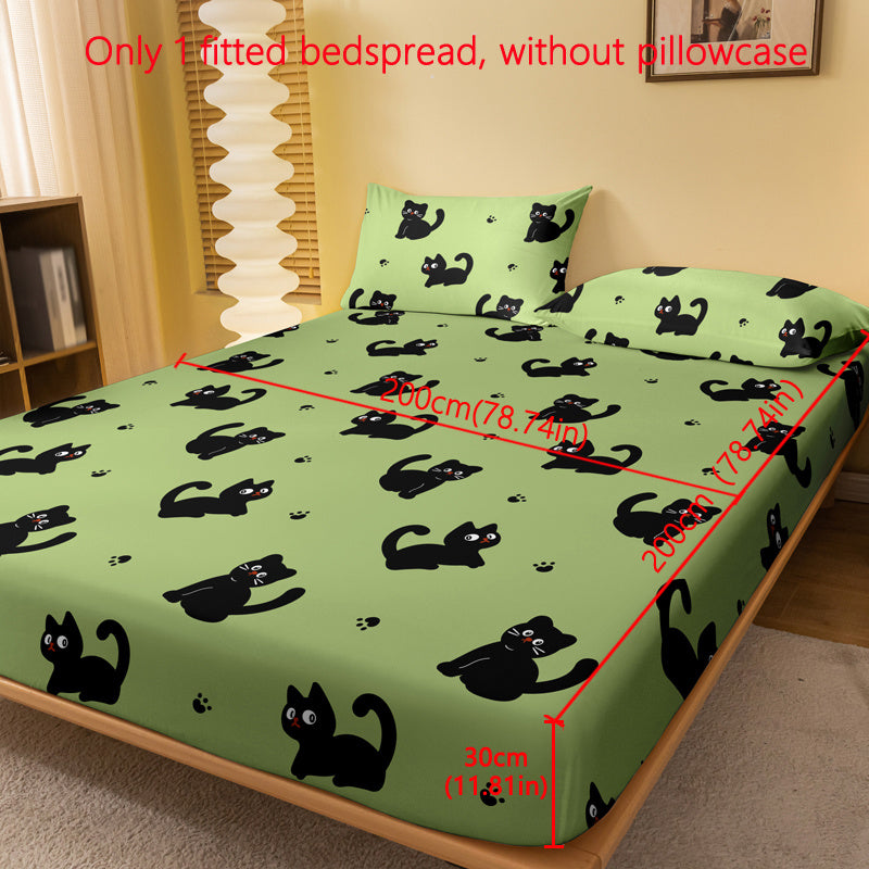 Cute Cartoon Black Cat Print Fitted Sheet - Soft Brushed Polyester, Deep Pocket Design for Bedroom & Guest Room Decor, Machine Washable, Christmas present