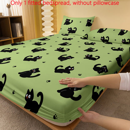 Cute Cartoon Black Cat Print Fitted Sheet - Soft Brushed Polyester, Deep Pocket Design for Bedroom & Guest Room Decor, Machine Washable, Christmas present