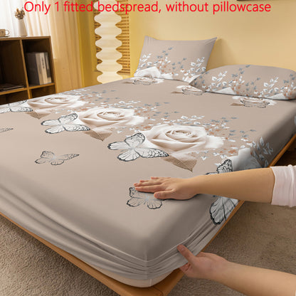 1pc Minimalist Modern Plant Floral Butterfly Golden Frame Rose Pattern Printed Brushed Bed Sheet, Printed Bedspread for Bedroom, Bedding (Excluding Pillowcases)