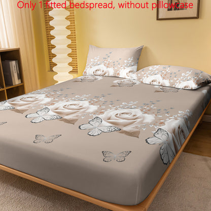 1pc Minimalist Modern Plant Floral Butterfly Golden Frame Rose Pattern Printed Brushed Bed Sheet, Printed Bedspread for Bedroom, Bedding (Excluding Pillowcases)