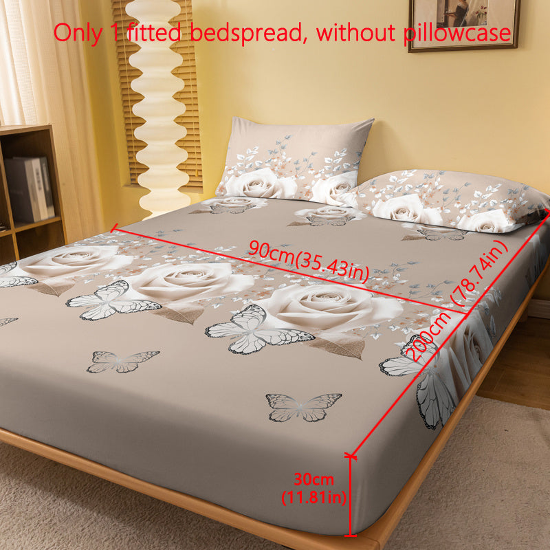 1pc Minimalist Modern Plant Floral Butterfly Golden Frame Rose Pattern Printed Brushed Bed Sheet, Printed Bedspread for Bedroom, Bedding (Excluding Pillowcases)