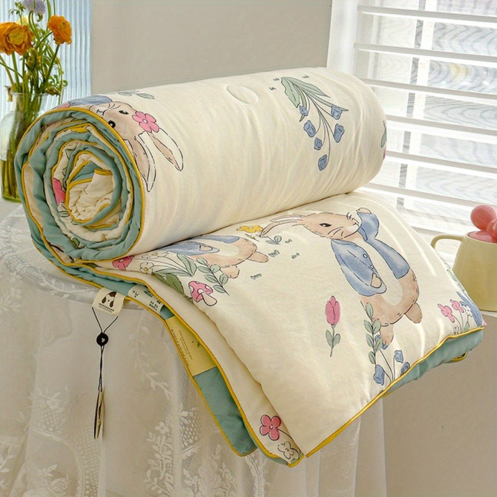 [Rabbit Blanket Summer Quilt] Rabbit Sweet Pattern Printed Thin Blanket Summer Sleeping Quilt, Soft And Breathable, Cute Rabbit Pattern, Double-Sided Design, Lightweight And Comfortable, All Seasons Thin Blanket, Machine Washable