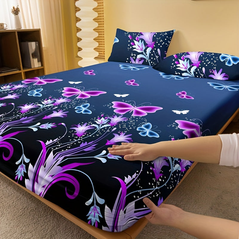 1pc Brushed Fitted Sheet, Soft Comfortable Butterfly Floral Print Bedding Fitted Sheet, for Bedroom, Guest Room, with Deep Pocket, Fitted Bed Sheet solely, Without Pillowcase