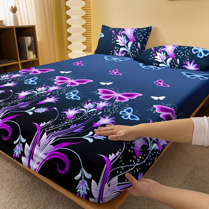 1pc Brushed Fitted Sheet, Soft Comfortable Butterfly Floral Print Bedding Fitted Sheet, for Bedroom, Guest Room, with Deep Pocket, Fitted Bed Sheet solely, Without Pillowcase