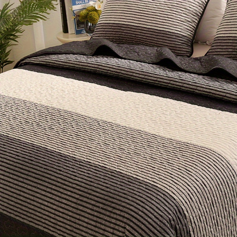 3pcs Brushed Print Quilted Bedding, Black And White Stripe Bedding