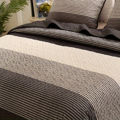 3pcs Brushed Print Quilted Bedding, Black And White Stripe Bedding