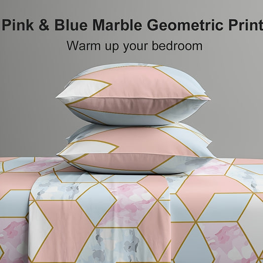 4pcs Pink & Blue Marble Geometric Bed Sheet Set, Deep Pocket Fitted Sheet, Soft Y Microfiber Bedding, Hotel Grade Skin-Friendly, Wrinkle & Shrink Resistant, Breathable & Cooling, Optional Sizes: 3pcs for Twin/ 4pcs for Full, Queen, King Sizes