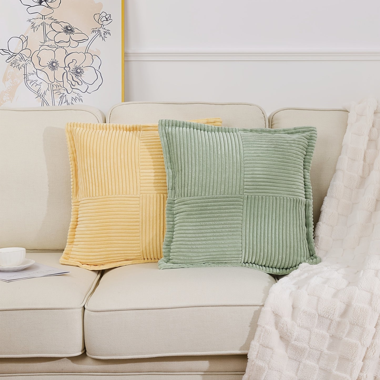 Corduroy Decorative Throw Pillow 18x18 Set Of 2/4 for Sofa Living Room, Soft Neutral Boho Couch Pillow Covers for Home Decor