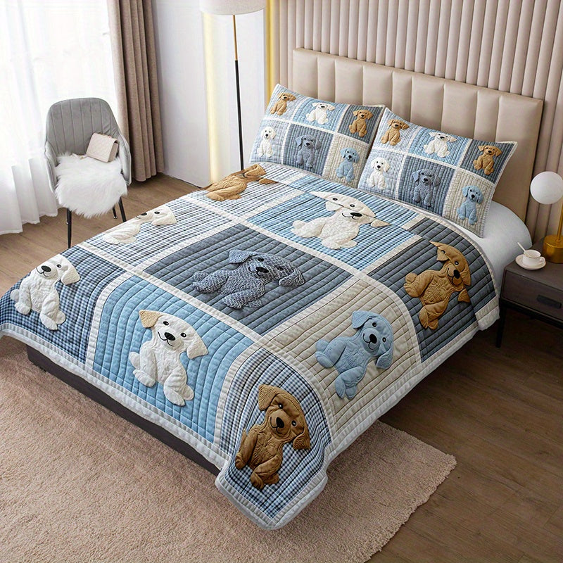 2/3pcs Cute Dog Print Durable Quilted Bedspread Set (1 Bedspread + 1/2 Pillowcases Without Pillow Core), Large And Extra Large Home Dormitory HD Print, Dog Pattern Fluffy Soft, Breathable And Easy to Care for