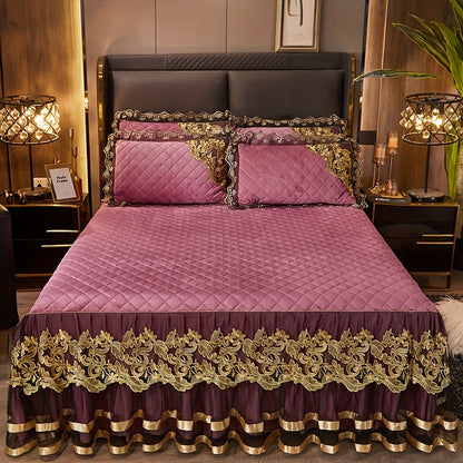European High-End Lace Splicing Crystal Velvet Bed Skirt 3pcs Set Autumn And Winter Warm Coral Velvet Bed Cover Thickened Velvet Fitted Sheet Anti-Slip Mattress Protector Bedding