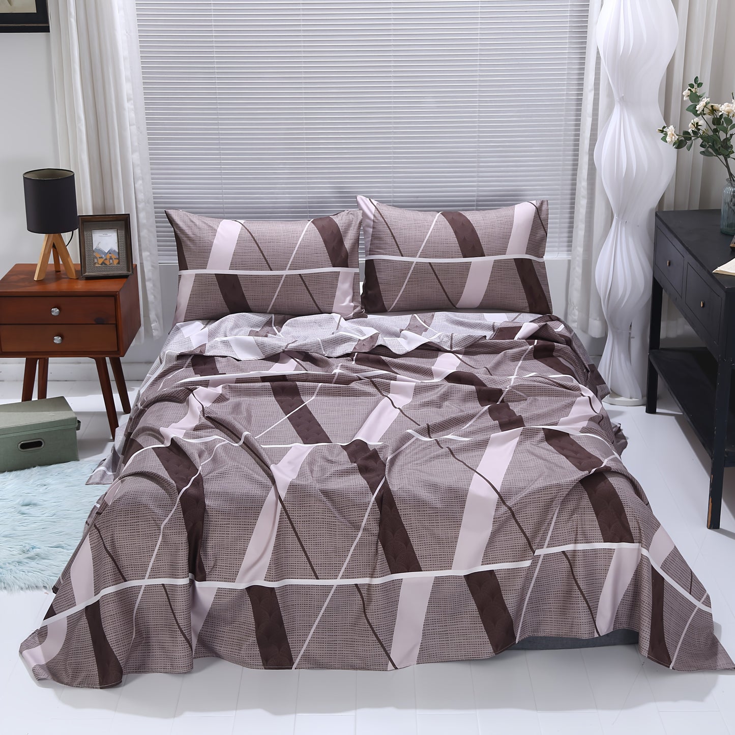 3pcs Geometric Checkered RV Single/Double Bed Sheet Set - Soft, Skin-Friendly, Shrink-Resistant Full-Size Bedding, 1 Flat Sheet + 2 Deep Pocket Pillowcases. Suitable for Rental Homes, Couples' Beds, Hotel King Rooms, Bedroom Couple Beds, Dorm Single
