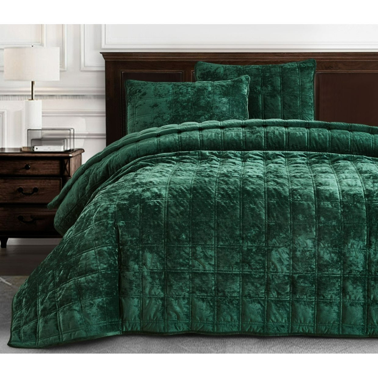 3-Piece Distressed Velvet Quilt Set, Piers Plush Velvet Bedspread Soft Washed Microfiber Reverse with Double Square Stitch Oversized King/King/Queen Size