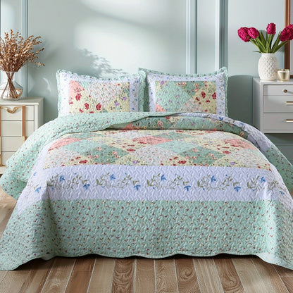 3pcs Green Patchwork Quilt Set Reversible Bedspread Lightweight Bedding with 2pcs Pillow Shams, All Season