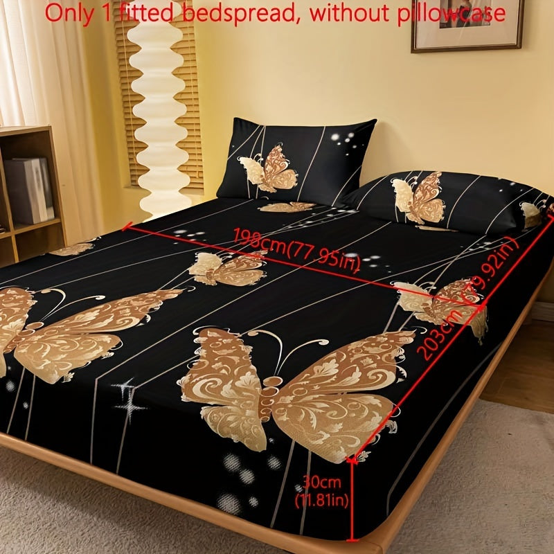 1pc Brushed Fitted Sheet, Soft Comfortable Butterfly Floral Print Bedding Fitted Sheet, for Bedroom, Guest Room, with Deep Pocket, Fitted Bed Sheet solely, Without Pillowcase