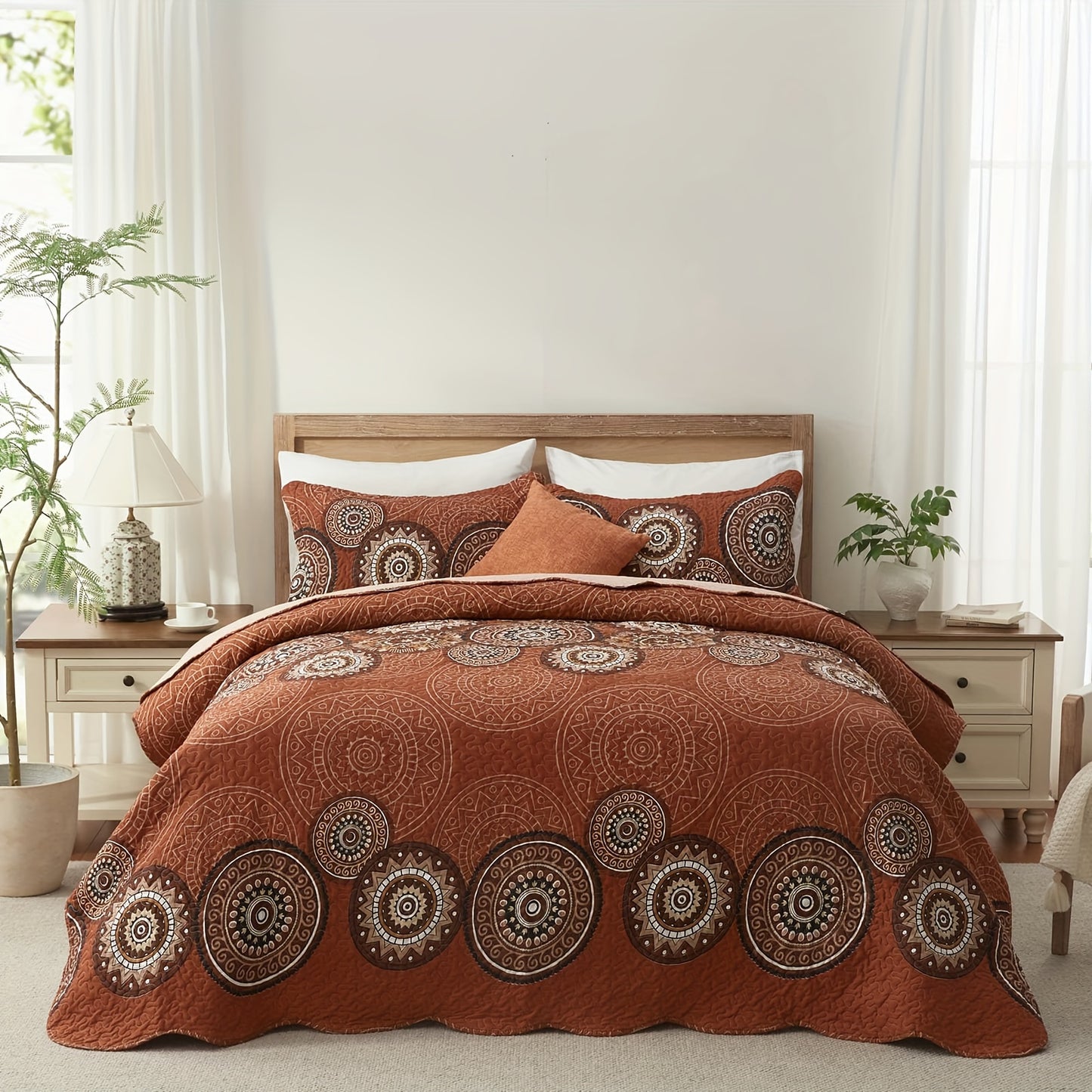 3pcs Queen And King Size Quilt Set, Orange Rust Olive Green Grey Bedspread Coverlet, Soft Lightweight Microfiber Floral Blanket, Luxurious Warm Oversized Bed Cover for All Seasons (1 Quilt, 2 Pillow Shams)
