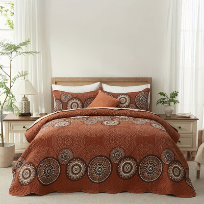 3pcs Queen And King Size Quilt Set, Orange Rust Olive Green Grey Bedspread Coverlet, Soft Lightweight Microfiber Floral Blanket, Luxurious Warm Oversized Bed Cover for All Seasons (1 Quilt, 2 Pillow Shams)