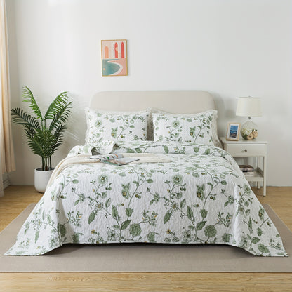 100% Floral Pattern White Quilt Set, Green Flower Print Farmhouse Summer Bedspread Set, Soft Breathable Lightweight Rustic Coverlet Bedding Sets, for All Season, 3pcs (Twin Size 2pcs)