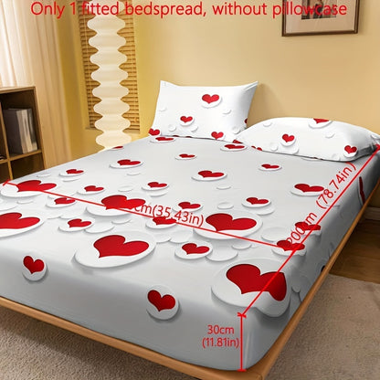 1pc Fitted Sheet, Red And White Heart Pattern Printed Bedding, Soft Comfortable Breathable Fitted Sheet for Bedroom, Guest Room, Fitted Bed Sheet Only