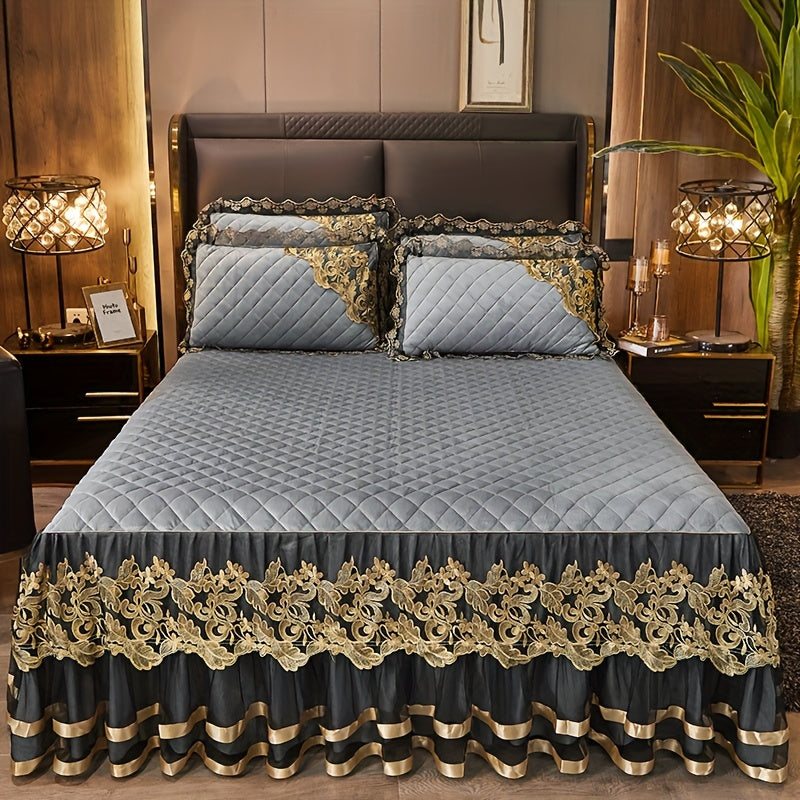 European High-End Lace Splicing Crystal Velvet Bed Skirt 3pcs Set Autumn And Winter Warm Coral Velvet Bed Cover Thickened Velvet Fitted Sheet Anti-Slip Mattress Protector Bedding