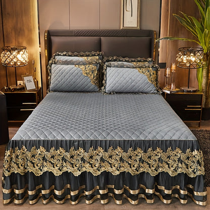 European High-End Lace Splicing Crystal Velvet Bed Skirt 3pcs Set Autumn And Winter Warm Coral Velvet Bed Cover Thickened Velvet Fitted Sheet Anti-Slip Mattress Protector Bedding