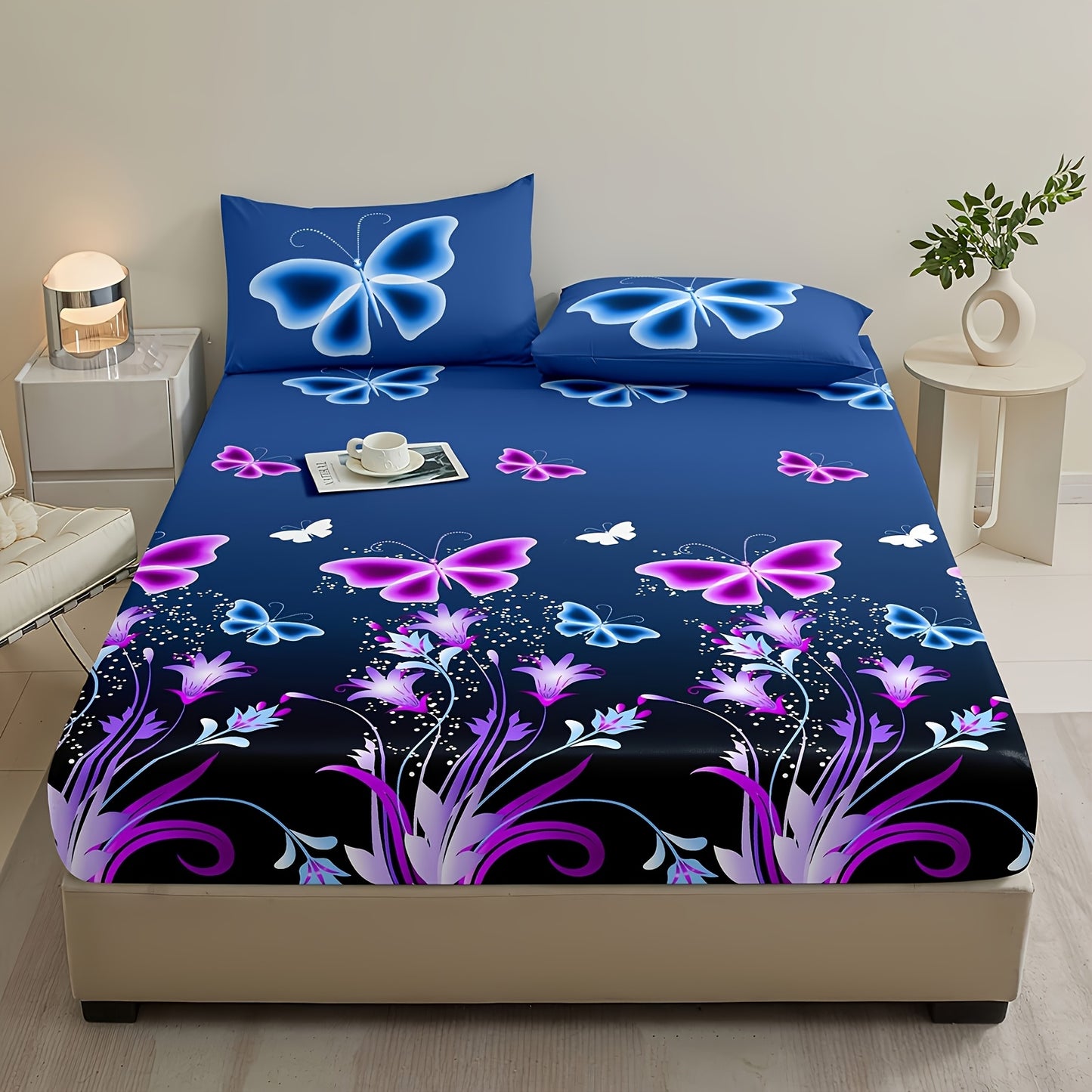 3pcs Fitted Sheet Set: 1 Fitted Sheet + 2 Pillowcases, No Insert, Butterfly and Botanical Print Bedding, Soft and Comfortable Fitted Sheet, Suitable for Bedrooms and Guest Rooms