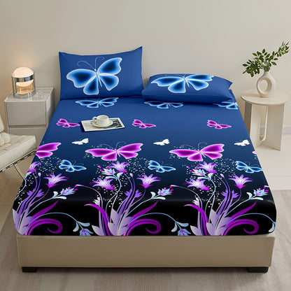 3pcs Fitted Sheet Set: 1 Fitted Sheet + 2 Pillowcases, No Insert, Butterfly and Botanical Print Bedding, Soft and Comfortable Fitted Sheet, Suitable for Bedrooms and Guest Rooms