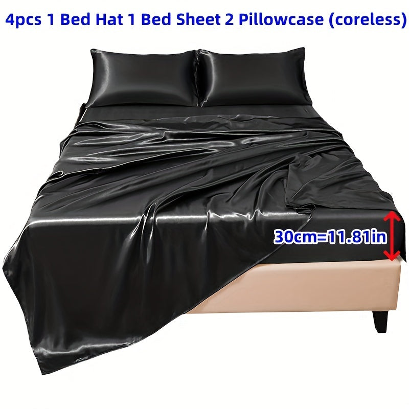 4pcs 100% Polyester 80G Satin Fitted Sheet Set [1 Fitted Sheet + 1 Flat Sheet + 2 Pillowcases (Without Inserts)] Soft Fabric Bedroom All-Season Versatile Style No Shrinkage No Pilling Machine Washable Light Luxury High-End Fitted Sheet Student Dormi