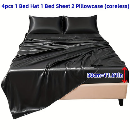 4pcs 100% Polyester 80G Satin Fitted Sheet Set [1 Fitted Sheet + 1 Flat Sheet + 2 Pillowcases (Without Inserts)] Soft Fabric Bedroom All-Season Versatile Style No Shrinkage No Pilling Machine Washable Light Luxury High-End Fitted Sheet Student Dormi