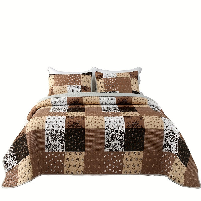 3pcs Brushed Printed Quilt Set, Square Floral Printed Bedspread Set