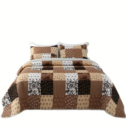 3pcs Brushed Printed Quilt Set, Square Floral Printed Bedspread Set