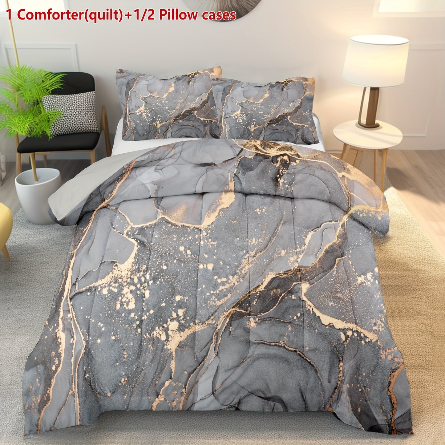 Set of 2 Or 3pcs Featuring a Marble Print Comforter in Gray And Golden, Including 1 Comforter (Quilt) And 1 Or 2 Pillowcases Without The Core, Showcasing a Soft Golden Abstract Wave Design in an Ottoman Style
