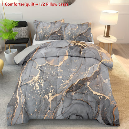 Set of 2 Or 3pcs Featuring a Marble Print Comforter in Gray And Golden, Including 1 Comforter (Quilt) And 1 Or 2 Pillowcases Without The Core, Showcasing a Soft Golden Abstract Wave Design in an Ottoman Style
