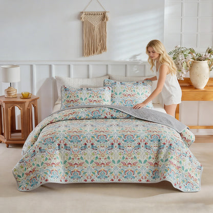 Luxury Bohemian Quilt Set With Floral And Bird Pattern | Double-Sided Quilted Bedspread And 2 Pillowcases, Machine Washable, Soft, Breathable, Sweat-Absorbent Polyester Bedding For All Seasons, Ideal For Home, Sofa, Living Room Decor
