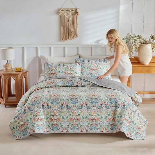 Luxury Bohemian Quilt Set With Floral And Bird Pattern | Double-Sided Quilted Bedspread And 2 Pillowcases, Machine Washable, Soft, Breathable, Sweat-Absorbent Polyester Bedding For All Seasons, Ideal For Home, Sofa, Living Room Decor