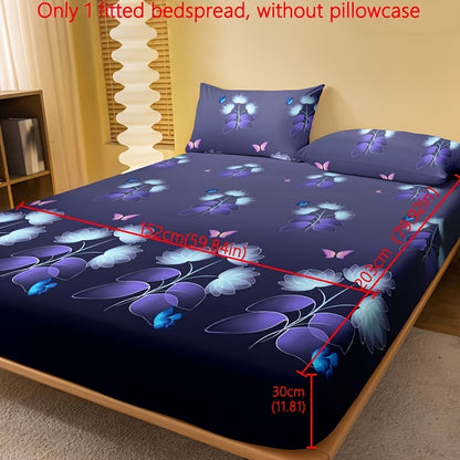1pc Brushed Fitted Sheet, Soft Comfortable Butterfly Floral Print Bedding Fitted Sheet, for Bedroom, Guest Room, with Deep Pocket, Fitted Bed Sheet solely, Without Pillowcase