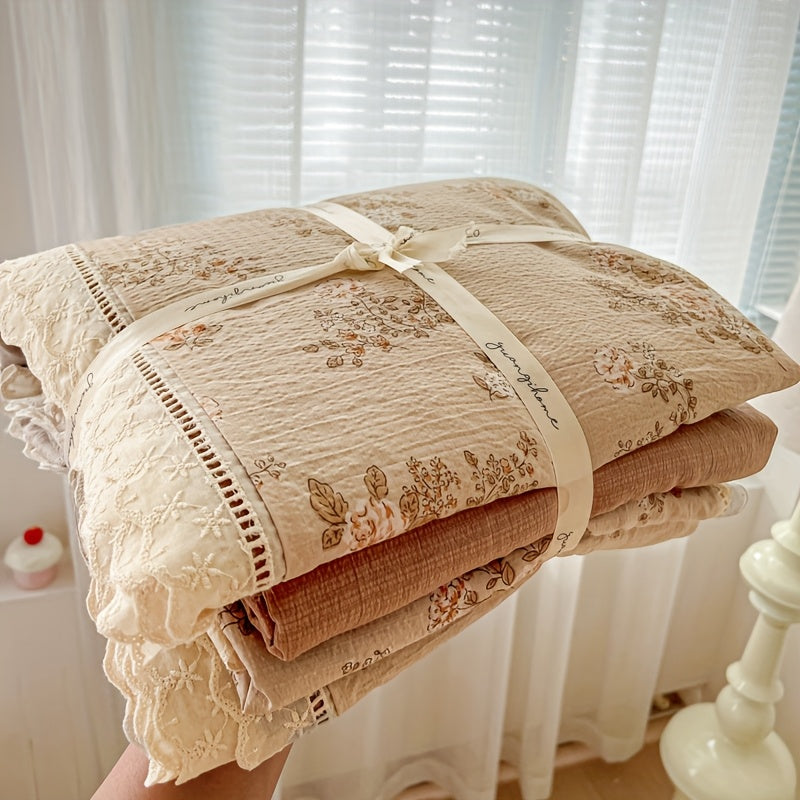 4pcss, Bedding 4pcs Set Includes 1pc Duvet Cover, 1pc Flat Sheet, 2pcs Pillowcases (Pillow Inserts And Duvet Inserts Not Included), Floral Fresh Style, Double Gauze Fabric, Skin-Friendly And Soft, Machine Washable, Breathable And Non-Stuffy