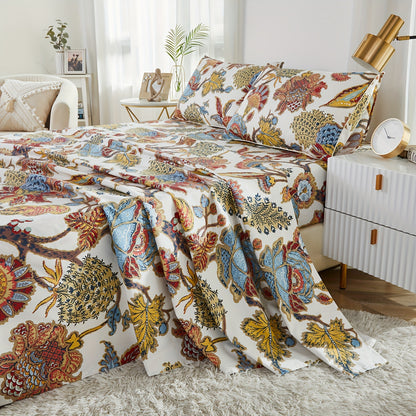 4pcs 600TC 100% Egyptian Cotton Fitted Sheet Set (1*Fitted Sheet + 1*Flat Sheet + 2*Pillowcase, Without Core), Luxury Classic Paisley Floral Pattern Bedding, Soft Breathable And Skin-friendly, for Bedroom Guest Room Student Dorm All Seasons