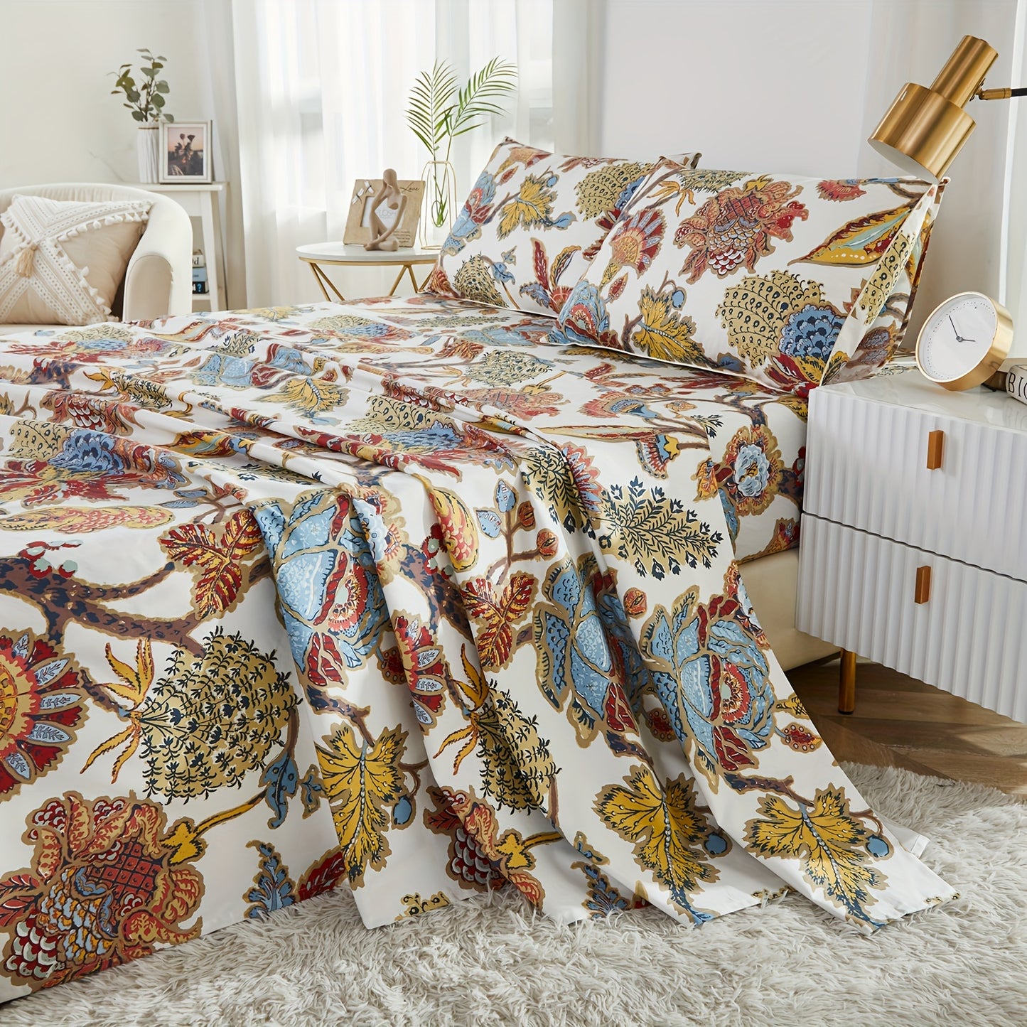 4pcs 600TC 100% Egyptian Cotton Fitted Sheet Set (1*Fitted Sheet + 1*Flat Sheet + 2*Pillowcase, Without Core), Boho Damask Garden Floral Bedding Set, for Bedroom Guest Room Student Dorm All Seasons