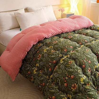 1pc Charming Floral & Leaf Design Quilted Comforter - 100% Polyester, Medium Weight All-Season Bedding, Machine Washable for Bedroom & Living Room Decor