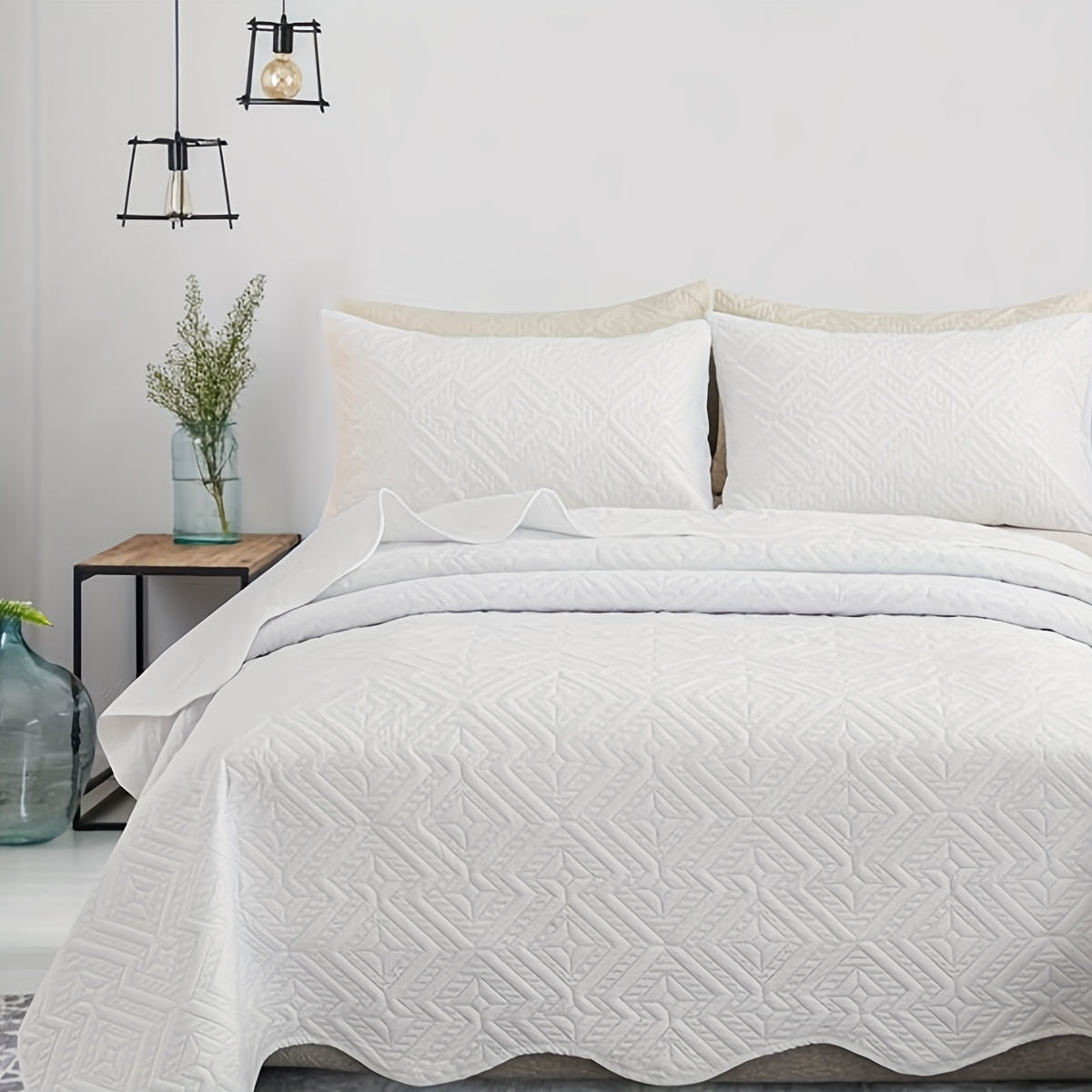 1pc Elegant Herringbone Quilted Bedspred - Soft, Breathable Polyester with Ruffle Detail, All-Season Coverlet for Modern Cabin Style Bedroom Decoration, Bed Decor