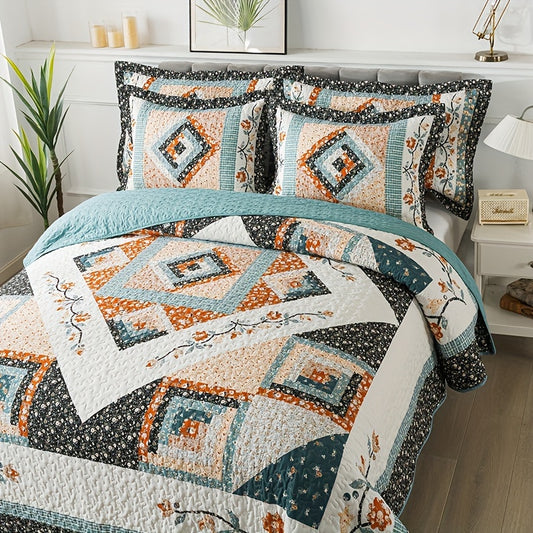 3pcs Farmhouse Cotton Quilt Comforter Set, Lightweight Floral Full Queen King Oversized Quilt Bedding Set With 2 Pillow Shams, Blue Garden Style Floral Bedspread Coverlet Set For Bed Decorations - All Seasons, (90 X 98 Inch) (98 X 106 Inch)