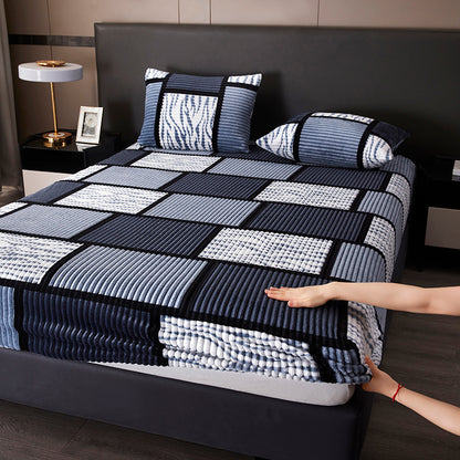 Fitted Sheet, Geometric Checkered Velvet Fitted Sheet, Machine Washable, Skin-friendly Soft Fabric, Thick Bedding, Suitable for All Four Seasons