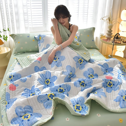 1pc Lightweight & Breathable Cooling Comforter, Contemporary Floral Checkered Pattern Cooling Blanket, Machine Washable Summer Blanket for Bedroom, Dorm, Hotels, Camping & Home Decor