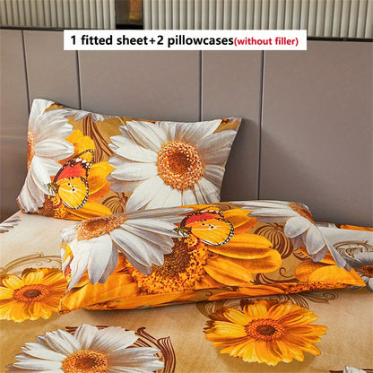 3pcs Skin-Friendly Vibrant Golden Sunflower + Butterfly Print Fitted Sheet Set, Includes 1 Fitted Sheet + 2 Pillowcases (Pillow Inserts Not Included), Soft, Comfortable, Breathable, and Durable, with 30cm/11.8in Deep Pockets for a Perfect Fit