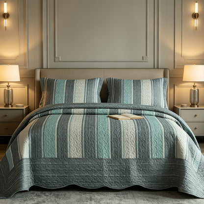 3pcs Green Patchwork Quilt Set Reversible Bedspread Lightweight Bedding with 2pcs Pillow Shams, All Season