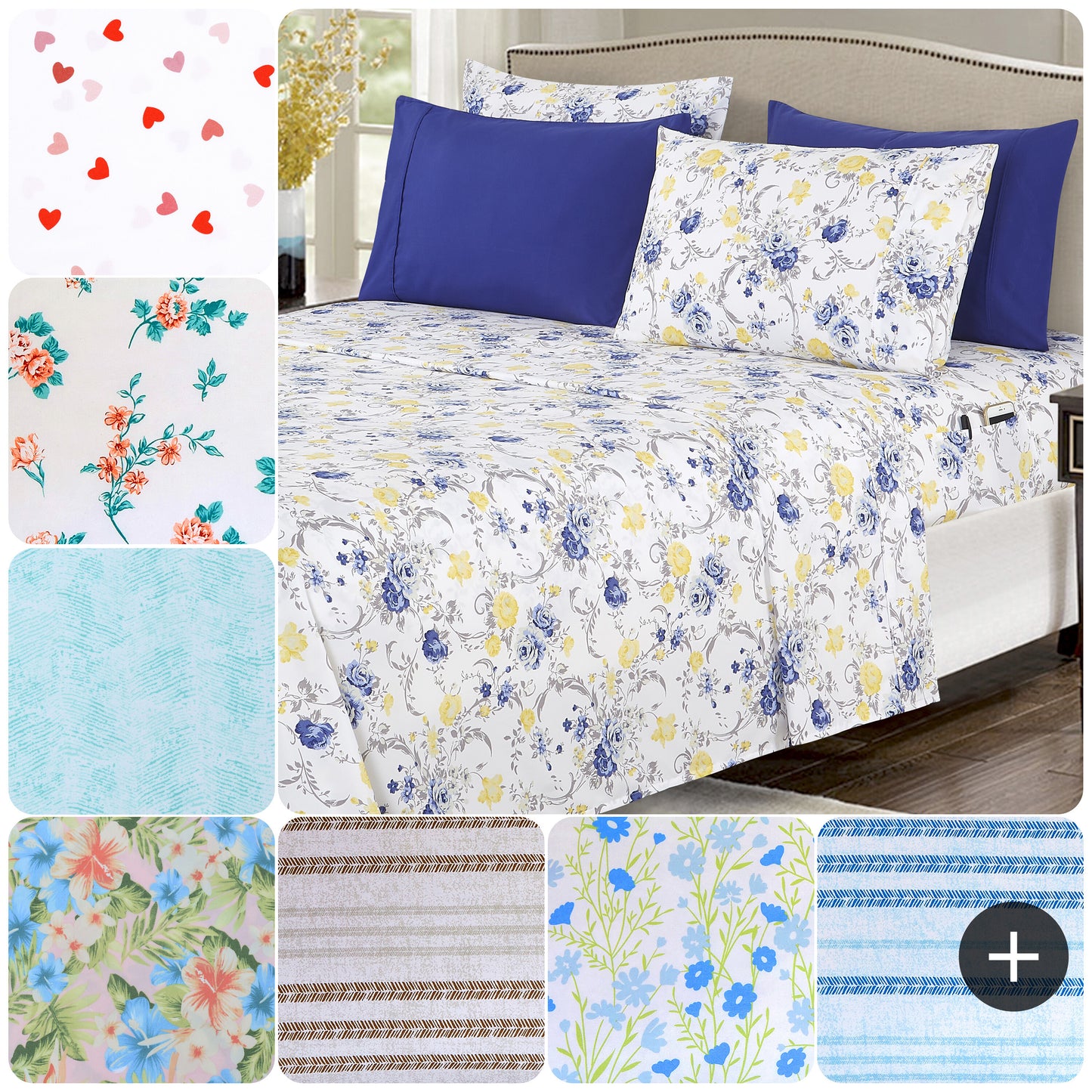 Elegant Comfort Luxury 4/6pcs Floral and Striped Sheet Set 16 inch deep pockets - Ultra Soft Machine Washable Luxury 6-Piece Bed Sheet Set - Fade and Wrinkle Resistant Premium Hotel Quality Twin/Full/Queen/King/Cal King Bedding Set- 6PC Sheets For Daily U