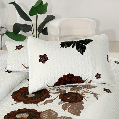 3pcs Brushed Floral Print Quilted Bedspread Set with Pillow Shams, Coffee Rose Design, Polyester Woven Coverlet Set with Polyester Filling, Machine Washable - Queen & King Sizes Available