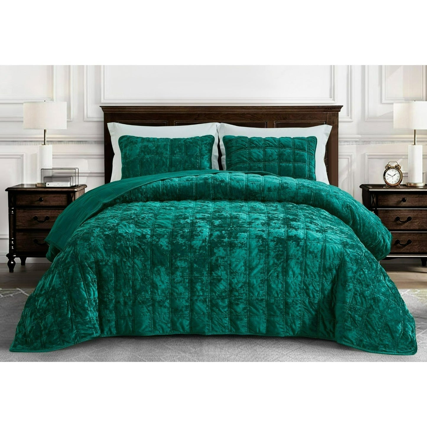 3-Piece Distressed Velvet Quilt Set, Piers Plush Velvet Bedspread Soft Washed Microfiber Reverse with Double Square Stitch Oversized King/King/Queen Size