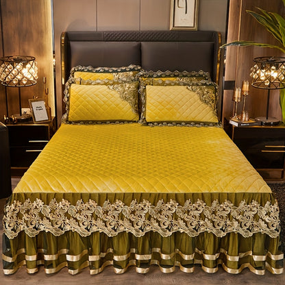 European High-End Lace Splicing Crystal Velvet Bed Skirt 3pcs Set Autumn And Winter Warm Coral Velvet Bed Cover Thickened Velvet Fitted Sheet Anti-Slip Mattress Protector Bedding